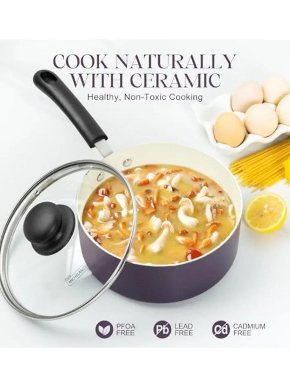 Nonstick Ceramic Saucepan Set with Lid, Induction Cooking Pots, 1Qt-3Qt, Purple
